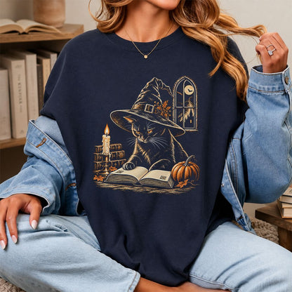 Reading Black Cat Witch Printed T-Shirt | Halloween Book Lover Gift Navy