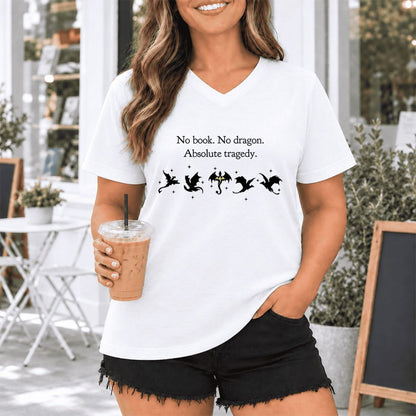 No Book, No Dragon, Absolute Tragedy Ultra-Soft V-Neck | Fantasy Book Lover Gift White