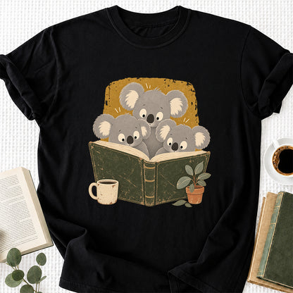 Minimal Japanese Koalas Reading Softstyle T-Shirt | Book Lover Gift Black