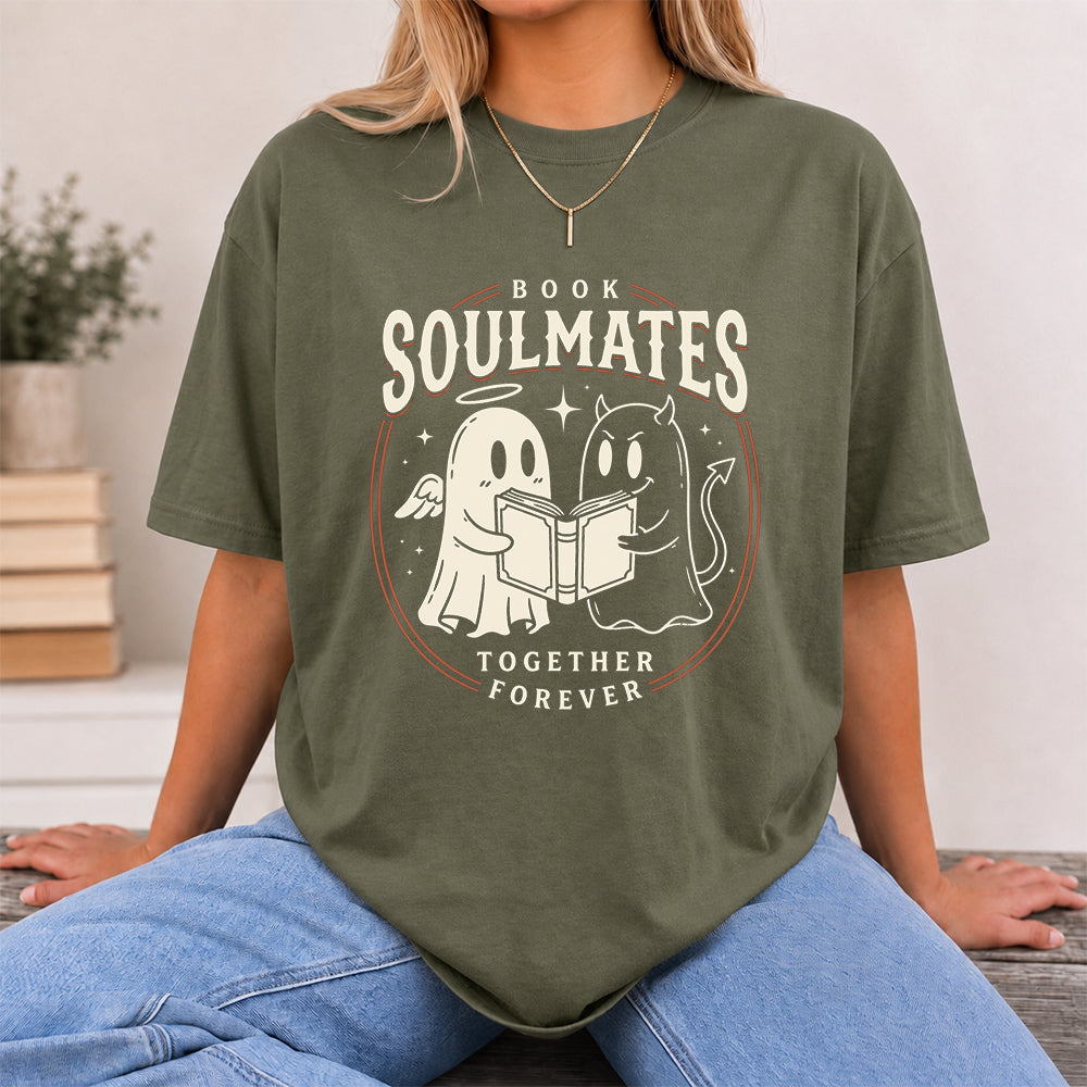 Book Soulmates Together Forever Printed T-Shirt | Halloween Book Lover Gift Military Green