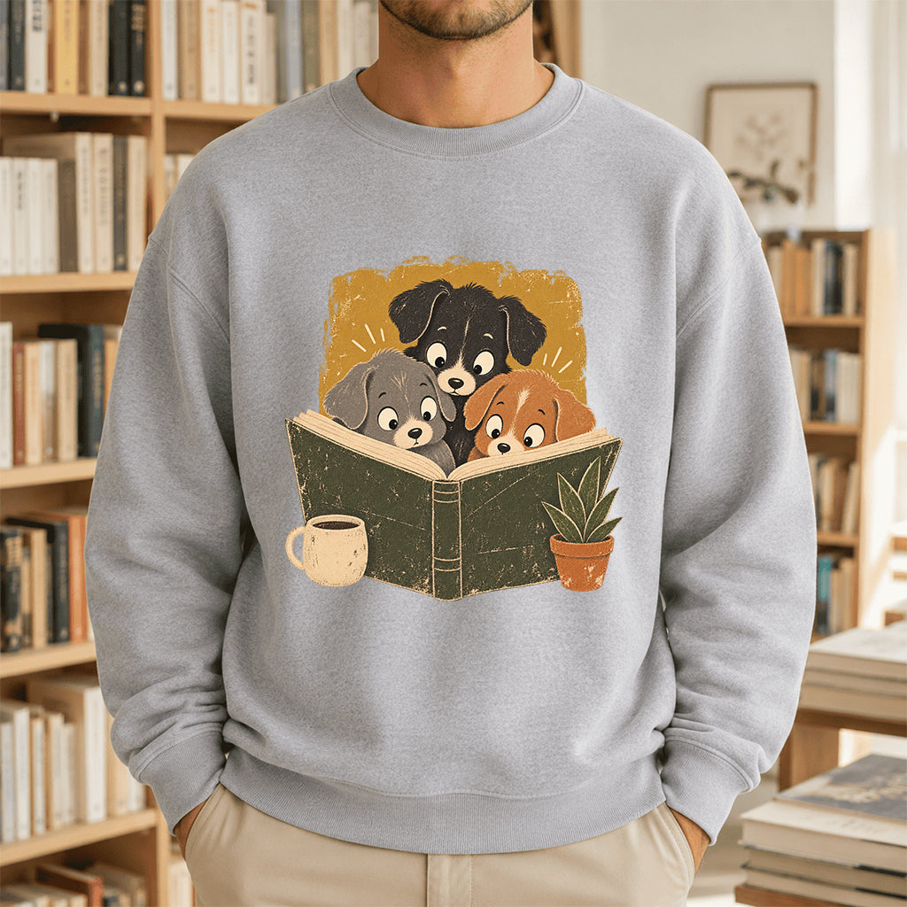 Minimal Japanese Dogs Reading Crewneck Sweatshirt | Reader Gift Sport Grey