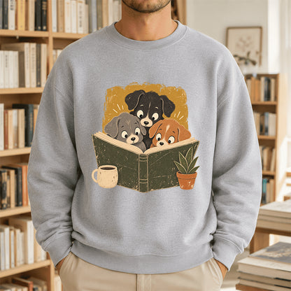 Minimal Japanese Dogs Reading Crewneck Sweatshirt | Reader Gift Sport Grey