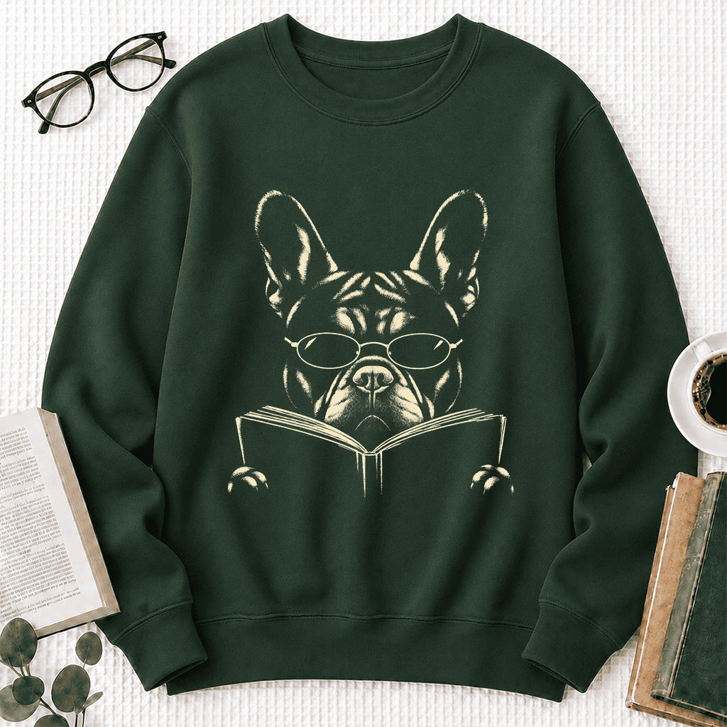 French Bulldog Reading Book Crewneck Sweatshirt | Reader Gift Forest Green