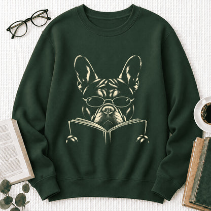 French Bulldog Reading Book Crewneck Sweatshirt | Reader Gift Forest Green