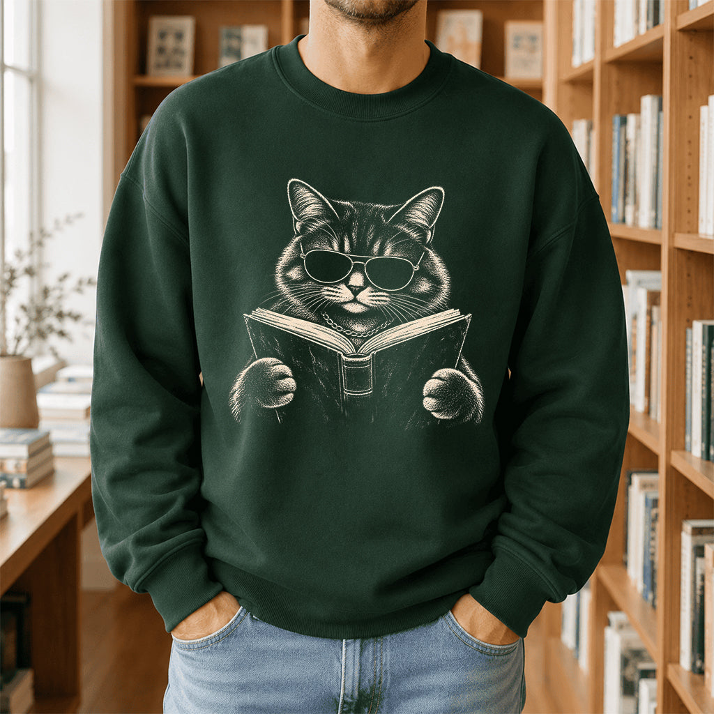 Cat Reading Book Crewneck Sweatshirt | Reader Gift Forest Green