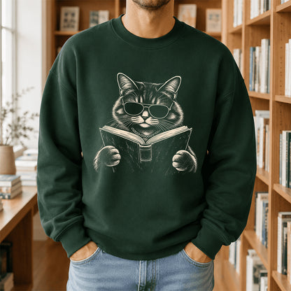 Cat Reading Book Crewneck Sweatshirt | Reader Gift Forest Green