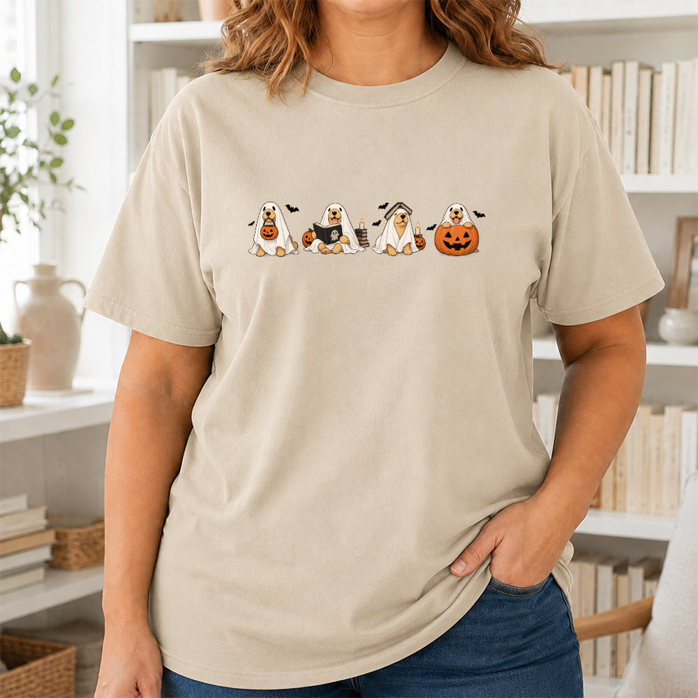 Spooky Golden Retrievers Book Club Printed T-Shirt | Halloween Book Lover Gift Sand