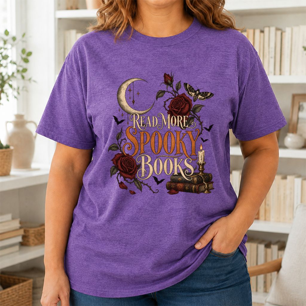 Read More Spooky Books Printed T-Shirt | Halloween Book Lover Gift Heather Purple
