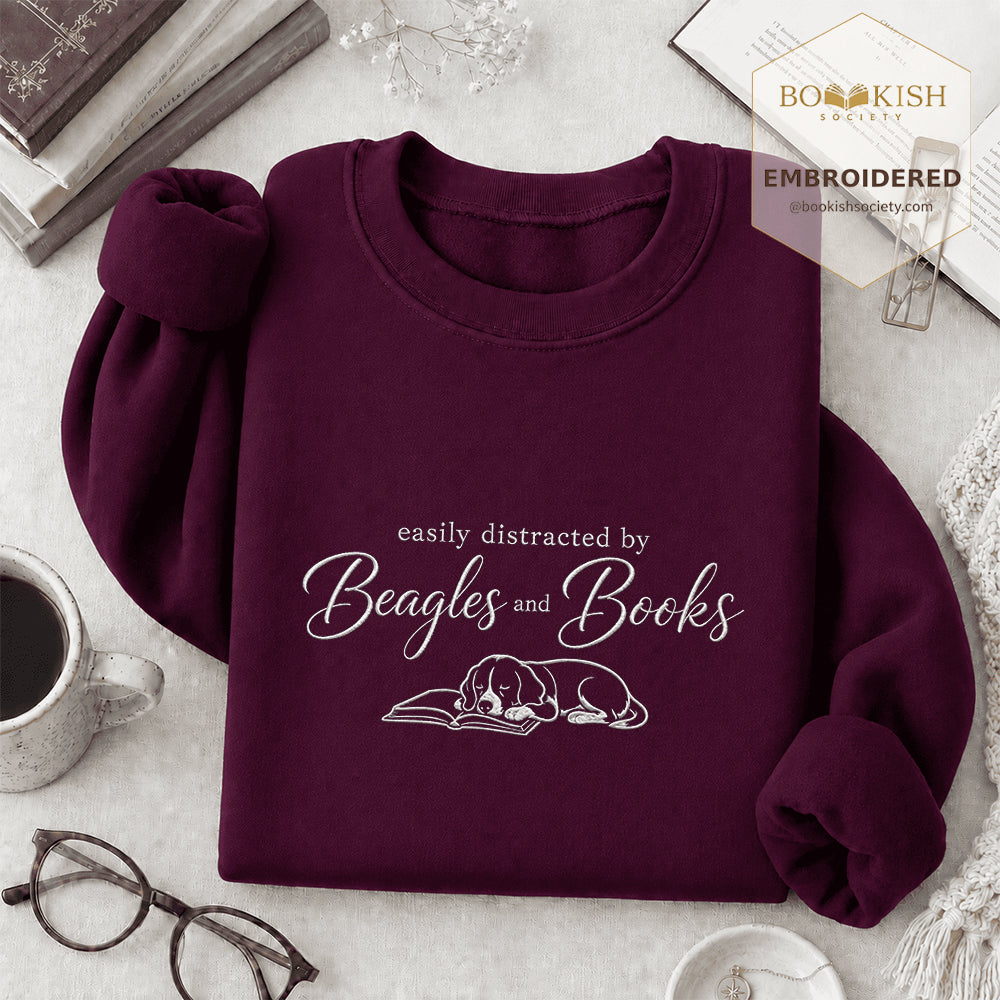 Easily Distracted By Beagles And Books Embroidered Sweatshirt | Dog Lover & Reader Gift Maroon