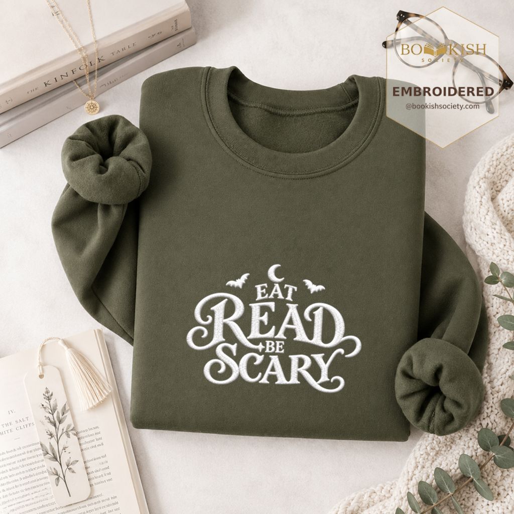 Eat Read Be Scary Embroidered Sweatshirt | Halloween Book Lover Gift Military Green