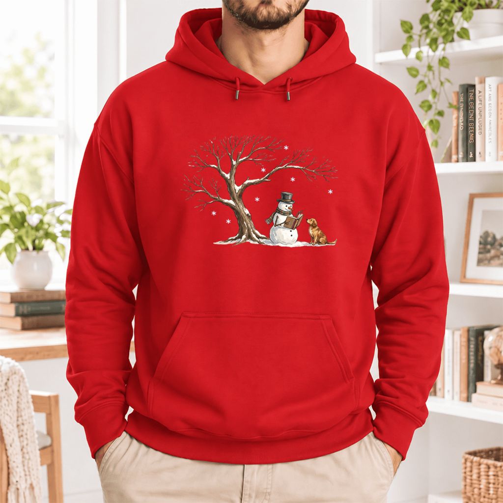 Golden Retriever And Snowman Under Tree Softstyle Hoodie | Christmas Reader Gift Red