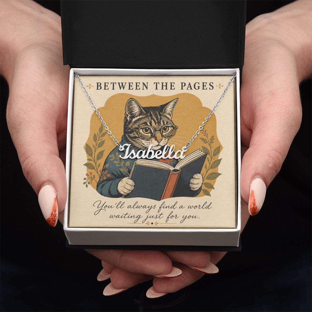 Cat Reading Between The Pages Decorative Card And Custom Name Polished Stainless Steel Necklace With Box Book Lover Gift Font 1