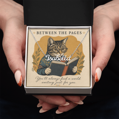 Cat Reading Between The Pages Decorative Card And Custom Name Polished Stainless Steel Necklace With Box Book Lover Gift Font 1