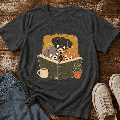 Minimal Japanese Dogs Reading Softstyle T-Shirt | Book Lover Gift Dark Heather