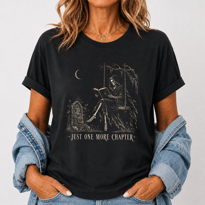 Just One More Chapter Grim Reaper Printed T-Shirt | Spooky Halloween Reader Gift Black