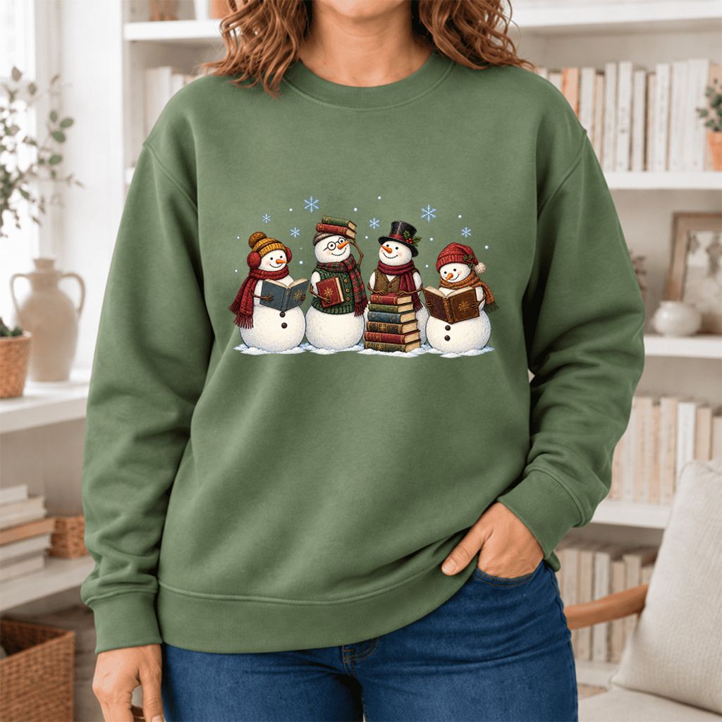 Bookish Snowman Club Softstyle Sweatshirt | Christmas Book Lover Gift Military Green