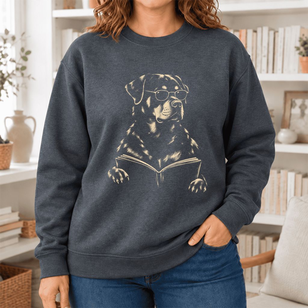 Rottweiler Reading Book Softstyle Sweatshirt | Dog Mom Reader Gift Dark Heather