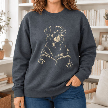 Rottweiler Reading Book Softstyle Sweatshirt | Dog Mom Reader Gift Dark Heather