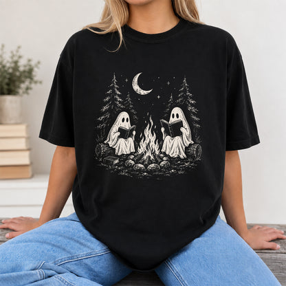 Camping Reading Ghosts Printed T-Shirt | Spooky Book Lover Gift Black