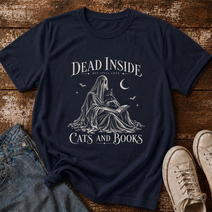 Dead Inside But Still Love Cats And Books Printed T-Shirt | Halloween Gift Navy