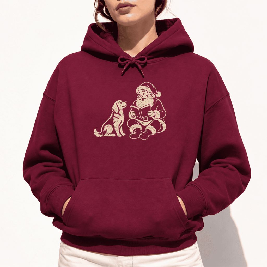 Funny Dog With Santa Christmas Softstyle Hoodie | Christmas Gift For Dog & Book Lover Maroon
