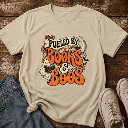 Fueled By Books & Boos Printed T-Shirt | Halloween Book Lover Gift Sand