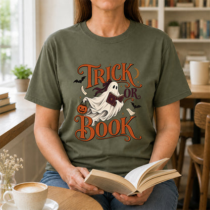 Trick Or Book Ghost Printed T-Shirt | Halloween Book Lover Gift Military Green