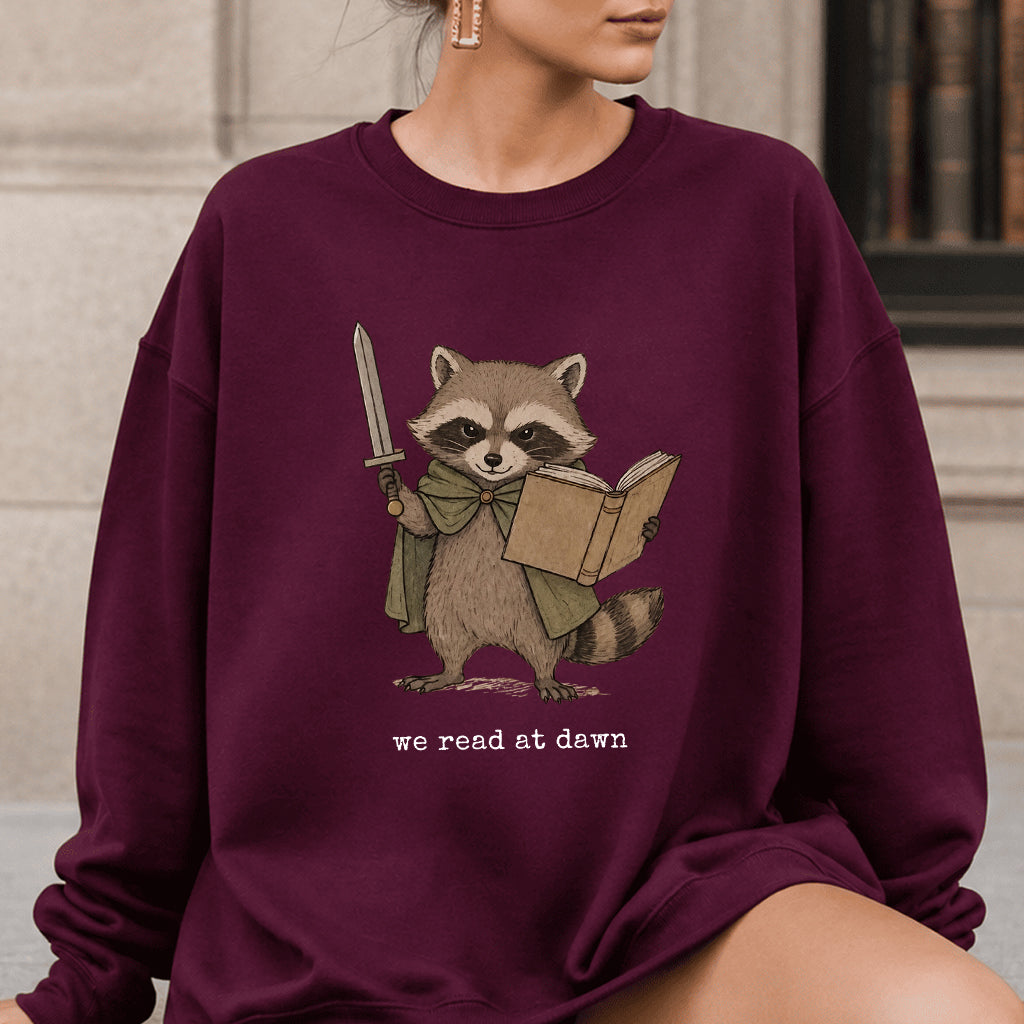 Raccoon We Read At Dawn Crewneck Sweatshirt | Reader Gift Maroon