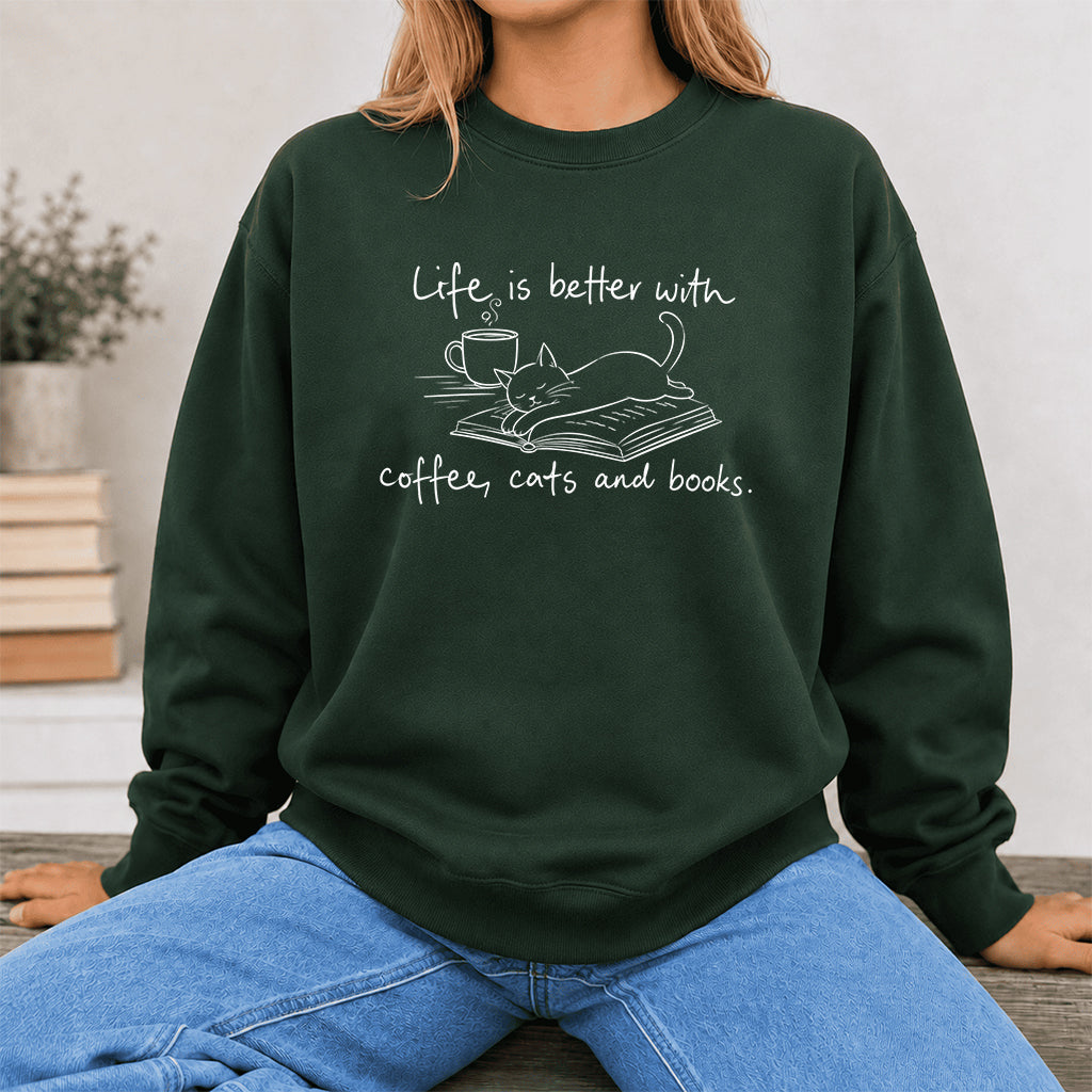 Funny Cats and Books Crewneck Sweatshirt | Reader Gift Forest Green