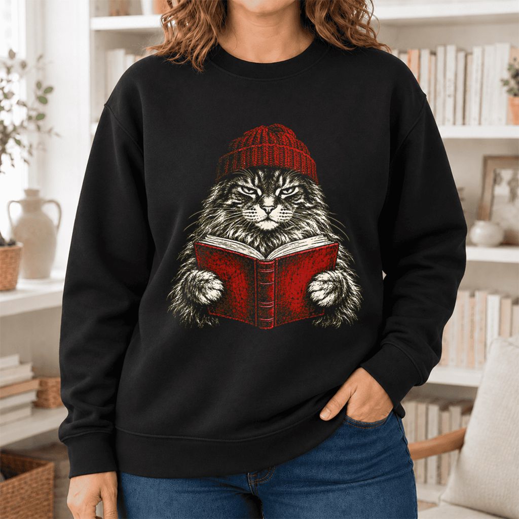 Vintage Reading Cat Maine Coon Softstyle Sweatshirt | Christmas Book Lover Gift Black