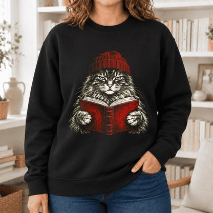 Vintage Reading Cat Maine Coon Softstyle Sweatshirt | Christmas Book Lover Gift Black