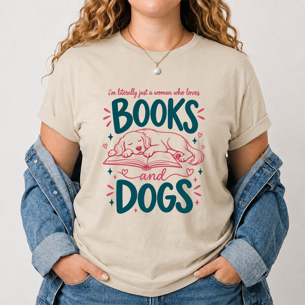 Just A Woman Who Loves Books and Dogs Cotton T-Shirt | Dog Lover & Reader Gift Sand