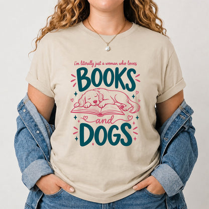 Just A Woman Who Loves Books and Dogs Cotton T-Shirt | Dog Lover & Reader Gift Sand