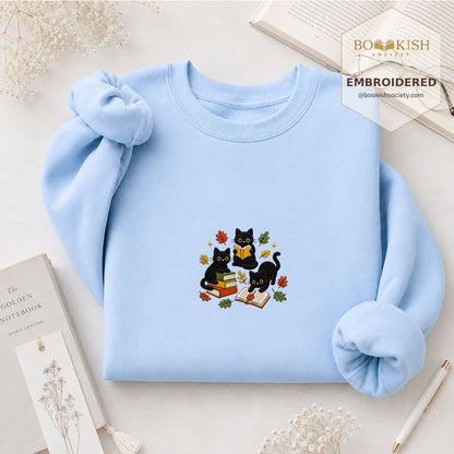 Cat Catching Leaves Embroidered Sweatshirt | Reader Gift Light Blue