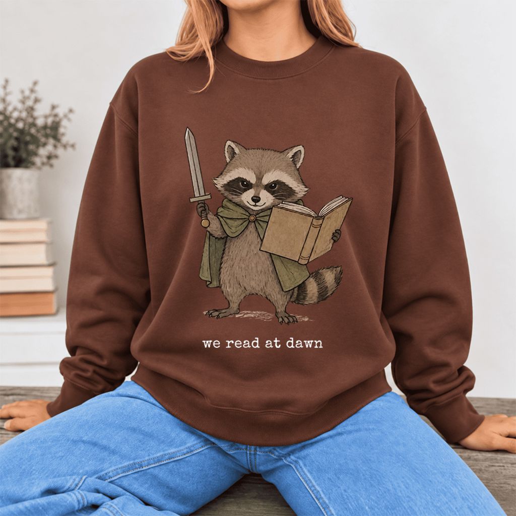 We Read At Dawn Funny Racoon Softstyle Sweatshirt | Cozy Book Lover Gift Cocoa