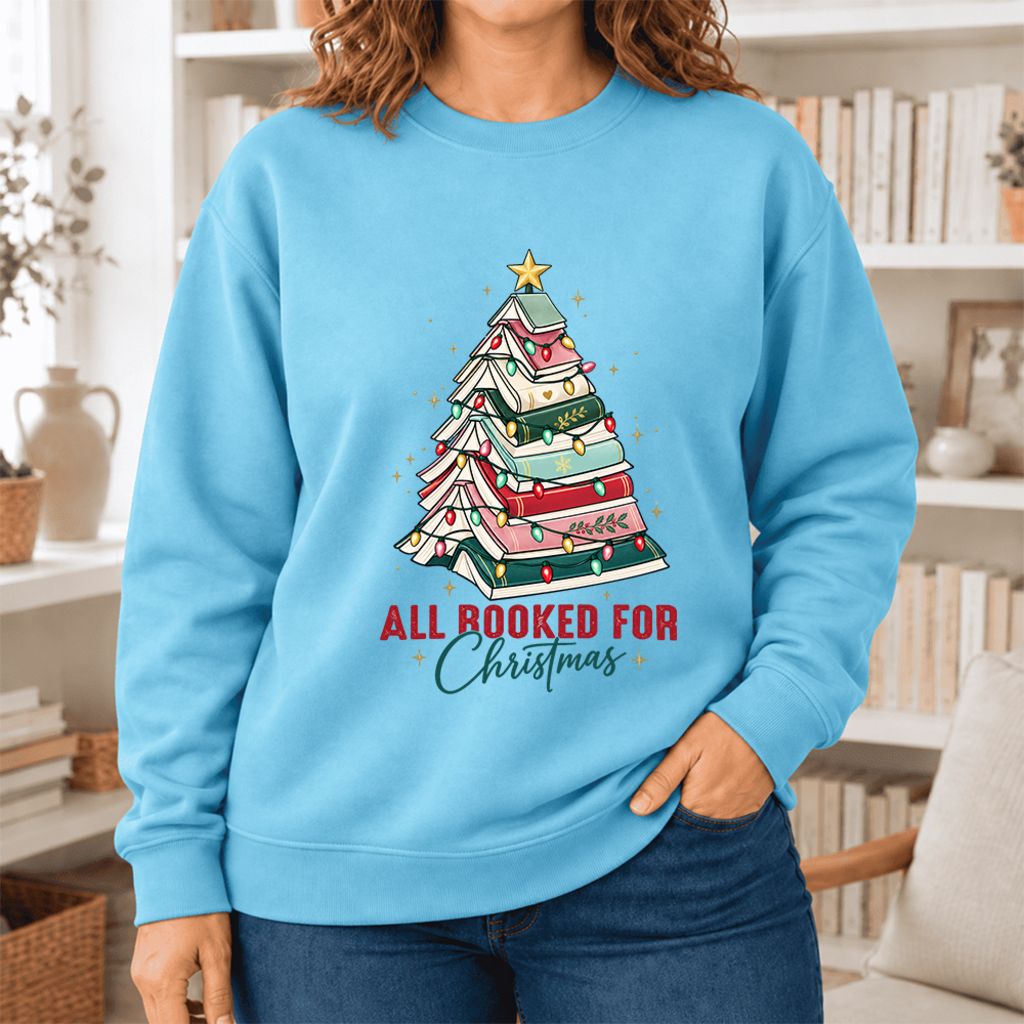 All Booked For Christmas Softstyle Sweatshirt | Christmas Book Lover Gift Sky