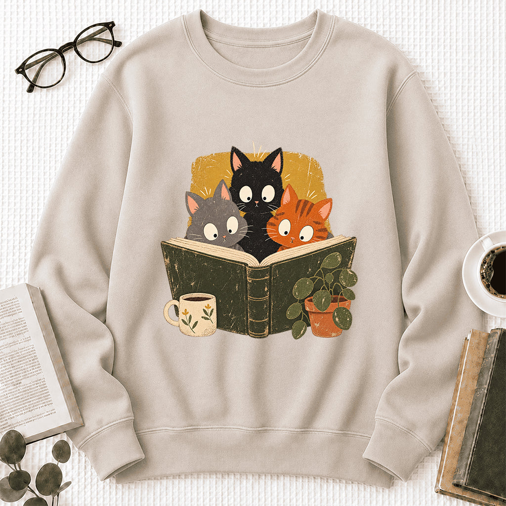 Minimal Japanese Cats Reading Crewneck Sweatshirt | Reader Gift Sand