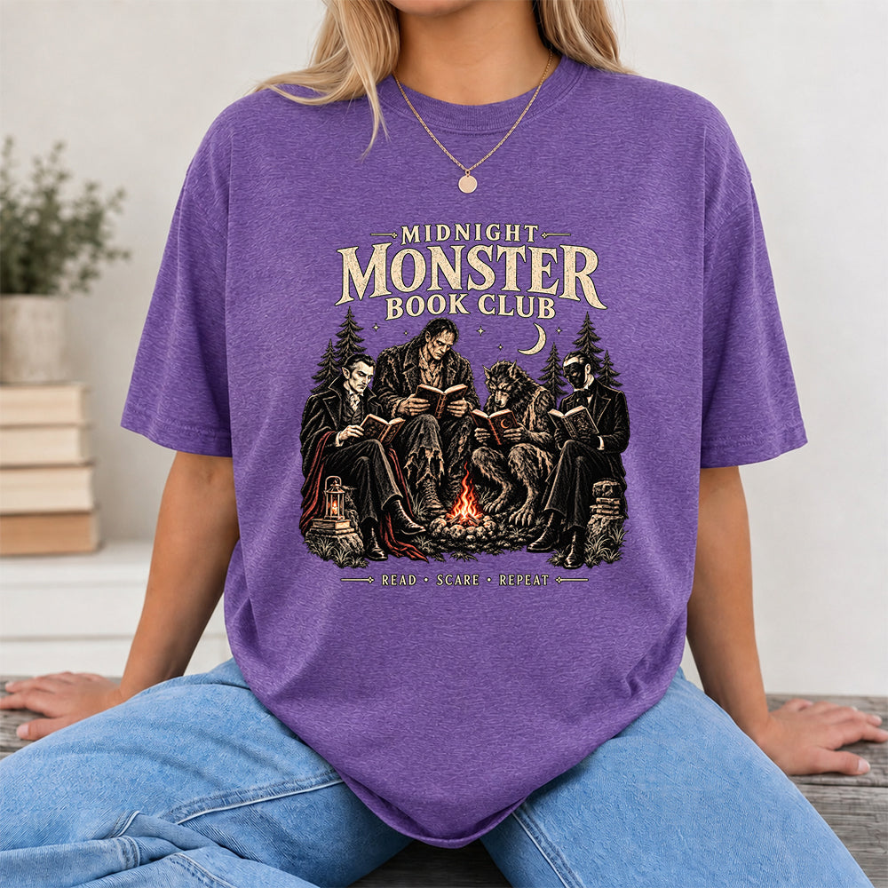 Midnight Monster Book Club Printed T-Shirt | Halloween Book Lover Gift Heather Purple