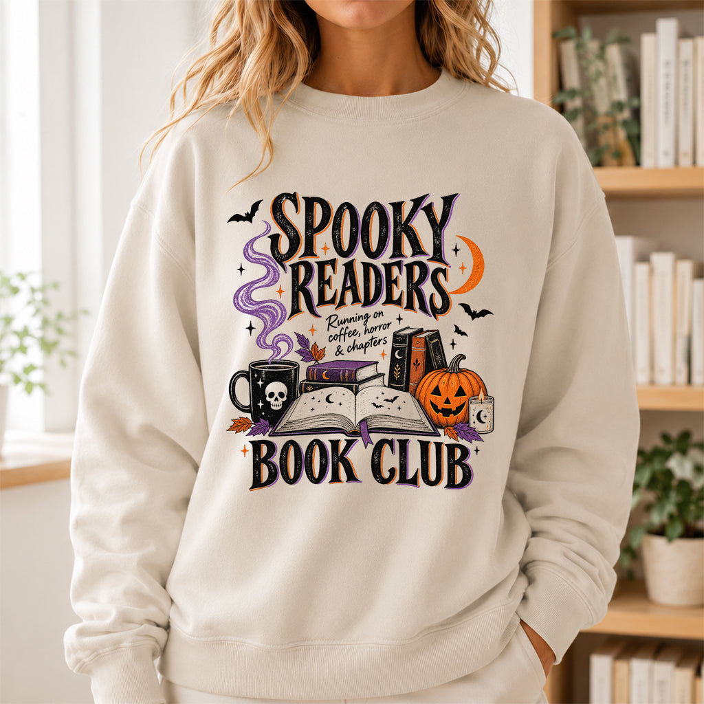 Spooky Readers Book Club Printed Sweatshirt | Halloween Book Lover Gift Sand