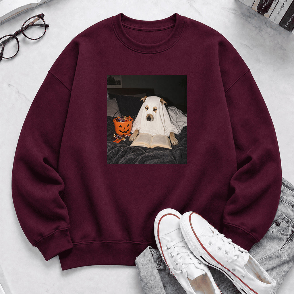 Cute Reading Ghost Dog Printed Sweatshirt | Halloween Book Lover Gift Maroon