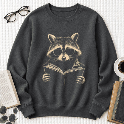 Raccoon Reading Book Crewneck Sweatshirt | Reader Gift Dark Heather