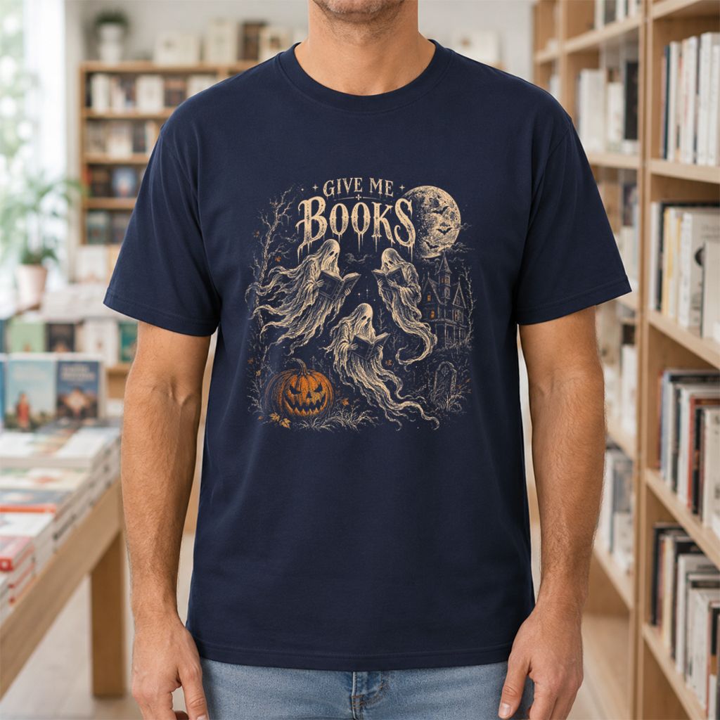 Give Me Books Printed T-Shirt | Halloween Book Lover Gift Navy