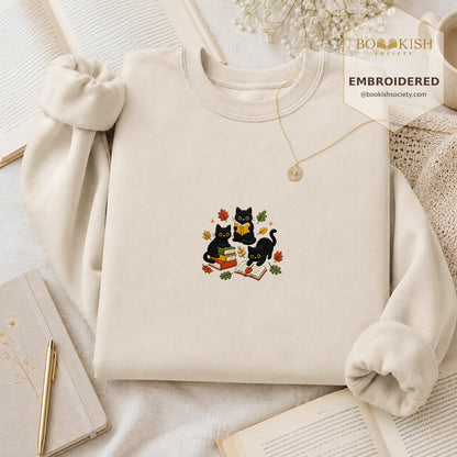 Cat Catching Leaves Embroidered Sweatshirt | Reader Gift Sand