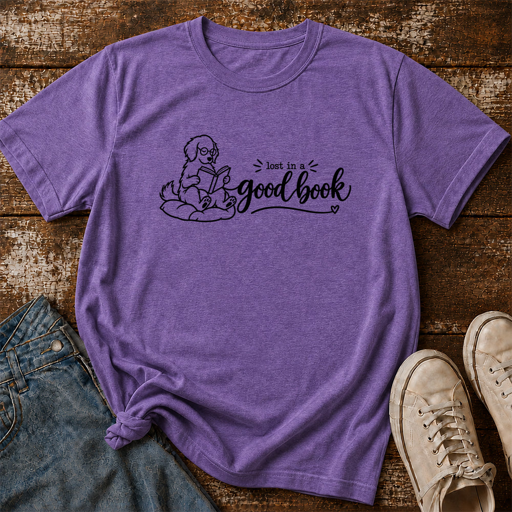 Lost In A Good Book Cotton T-Shirt | Dog & Book Lover Gift Heather Purple