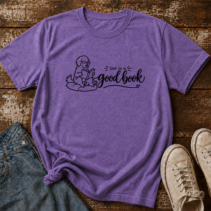 Lost In A Good Book Cotton T-Shirt | Dog & Book Lover Gift Heather Purple