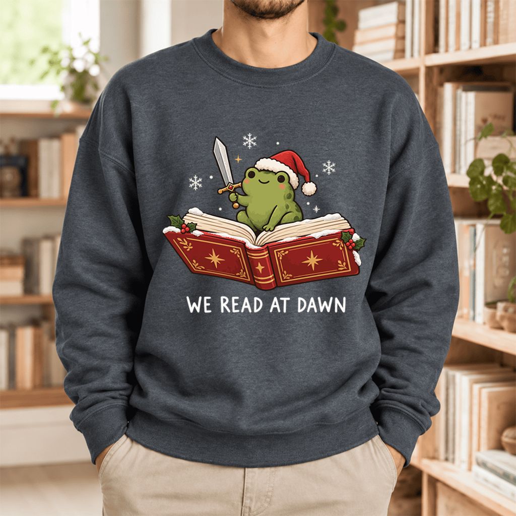 We Read At Dawn Frog Softstyle Sweatshirt | Christmas Book Lover Gift Dark Heather
