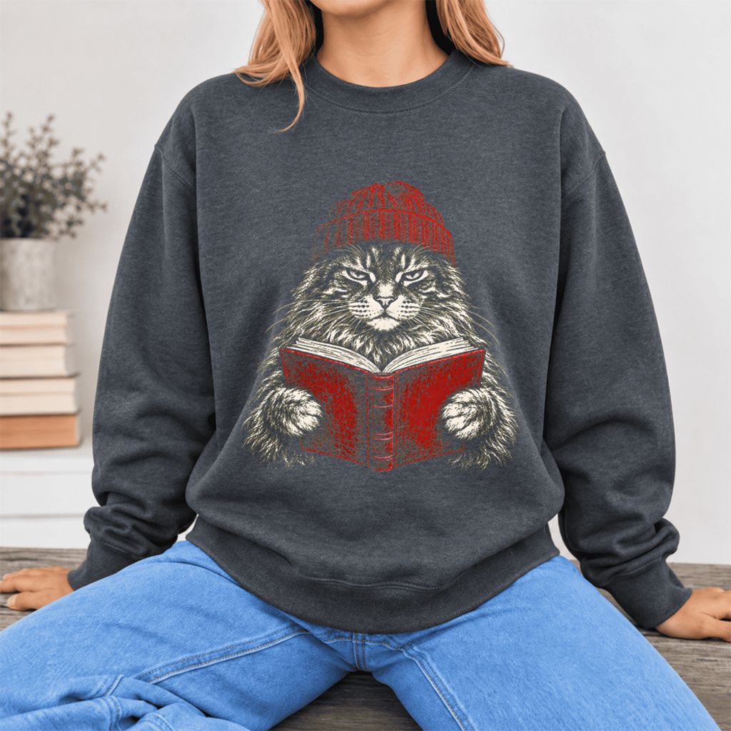 Vintage Reading Cat Maine Coon Softstyle Sweatshirt | Christmas Book Lover Gift Dark Heather
