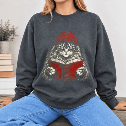 Vintage Reading Cat Maine Coon Softstyle Sweatshirt | Christmas Book Lover Gift Dark Heather