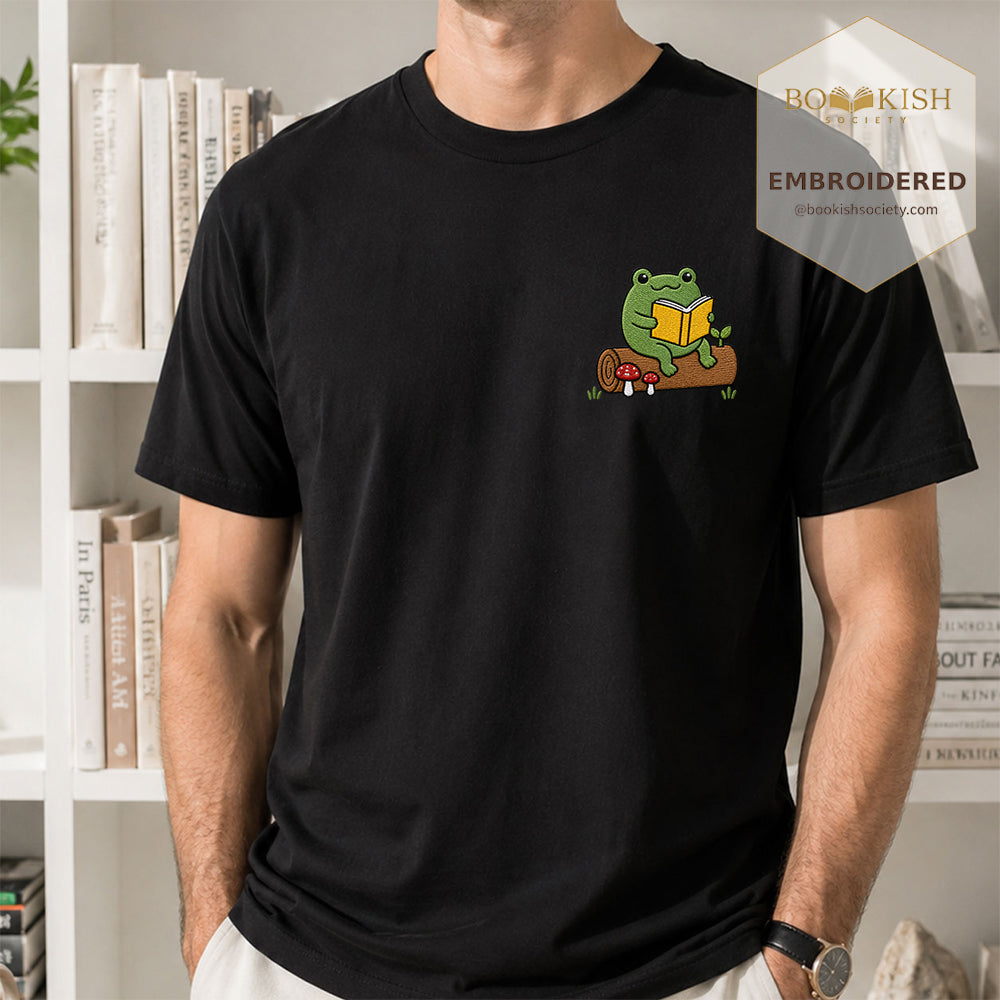 Embroidered Frog on Log Reading Book Comfort Color® T-shirt Book Lover Gift Black