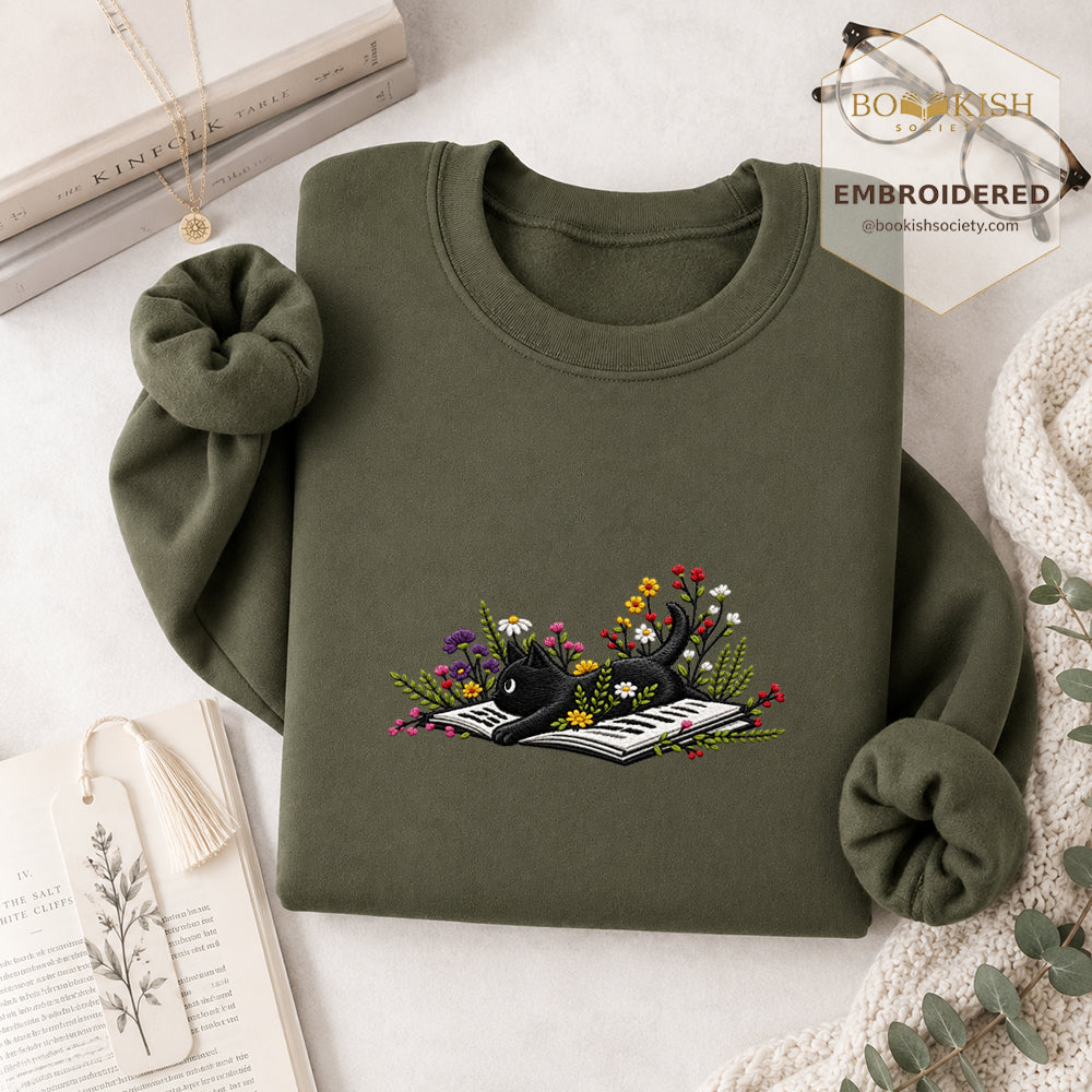 Cat and Book Embroidered Sweatshirt | Reader Gift Military Green